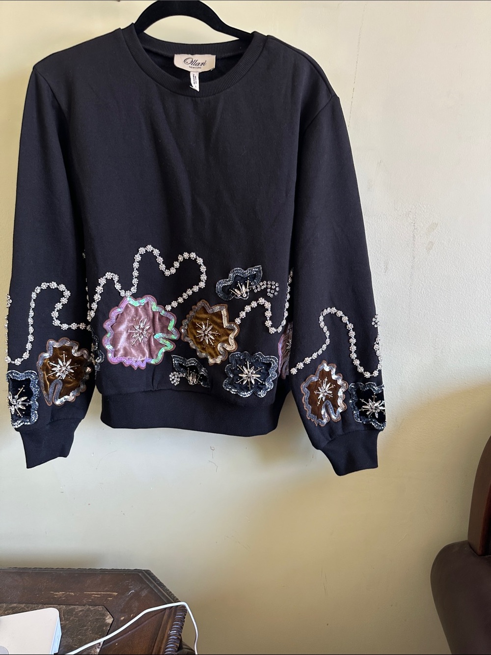 Anthropologie Black Embellished Floral Appliqué Sweatshirt - Picture 6 of 6